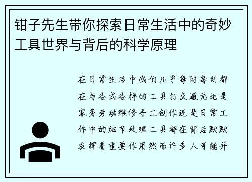 钳子先生带你探索日常生活中的奇妙工具世界与背后的科学原理