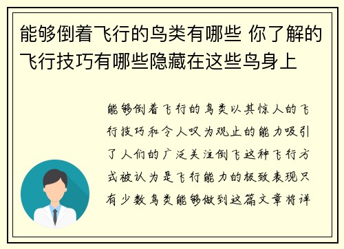 能够倒着飞行的鸟类有哪些 你了解的飞行技巧有哪些隐藏在这些鸟身上